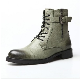 Green Lace Up Real Leather Fashion With Zipper Men's Casual Boots