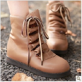 Light Brown Lace Up PU Leather Ankle Length Women's Boots