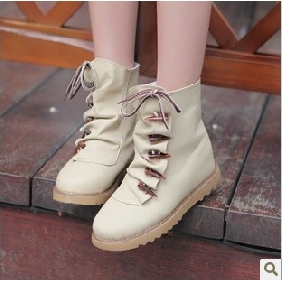 Cream-colored PU Leather Restore Style Flat Bottom Women's Boots