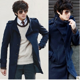 Royal Blue Long Style Korean With Buttons Men's Jackets & Coats