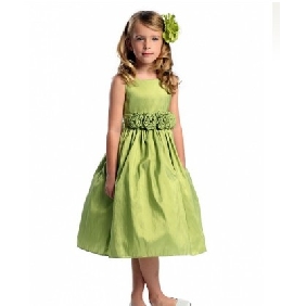Green Taffeta Knee Length Sleeveless Flowers On Ribbons Junior Bridesmaid Dresses