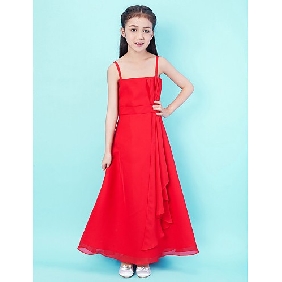 Red Chiffon Sleeveless Ankle Length Junior Bridesmaid Dresses