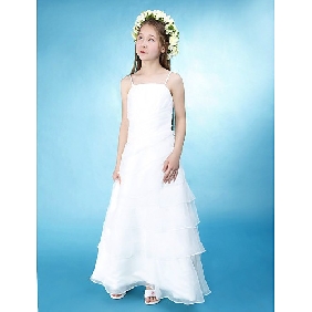 White A-line Spaghetti Straps Organza Satin Junior Bridesmaid Dresses