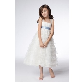 White With Blue Sash Straps Organza Layered Junior Bridesmaid Dresses