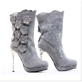 Gray Super High Heel With Diamond Flowers Women's Boots