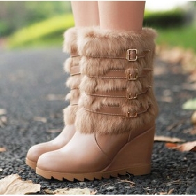 Beige Real Leather Wool Korean Style Women's Boots