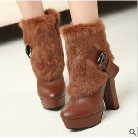 Brown With Platform High Heel Wool Zipper Women's Boots