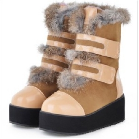 Khaki Rabbit Fur Flat Bottom PU Leather Women's Boots