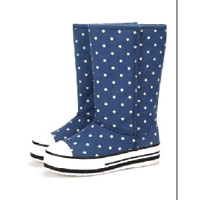Navy Blue Small Dots On Canvas Wool Women's Boots