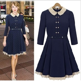 Royal Blue With Sleeves Ruffles Lace Belts Winter Dresses