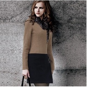 Khaki Long Sleeves Casual Slim Office Lady Winter Dresses
