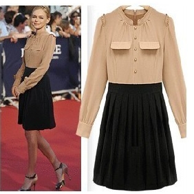 Khaki Black Chiffon With Sleeves Knee Length Winter Dresses
