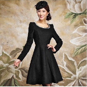 Black Knee Length Satin Slim Fashion Winter Dresses