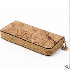 Brown Retro Style With Zipper Cartoon Maps On Women's Wallets
