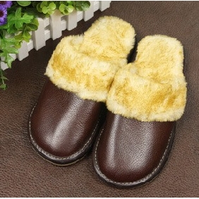 Coffee Real Leather Wool Winter's Slippers