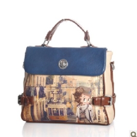 Coffee Blue Retro Style Cartoon Images On Shoulder/Tote Dual Function Bags