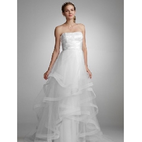 White Strapless Princess Sequined Layered Tulle Long A-line Wedding Dresses