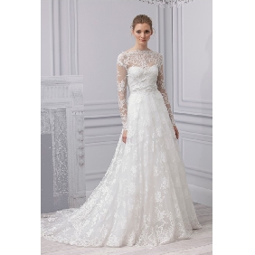 White Long Sleeves Layered Court Train A-line Wedding Dresses