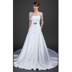 V-neck Chapel Train Satin Tulle White With Sleeves A-line Wedding Dresses