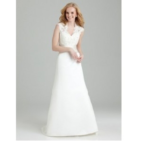 White Sleeveless V-neck Lace Satin Ankle Length A-line Wedding Dresses