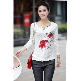 White V-neck Long Sleeves Flowers Printed Women's Tank Tops