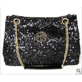 Black Shiny Sequins With Gold Chain Shoulder Bags