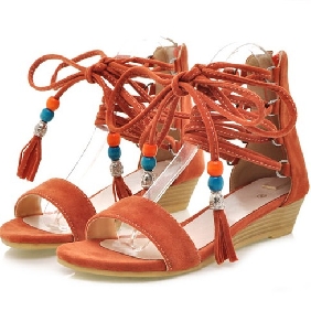 Orange Lace Up With Colourful Beads PU Leather Women's Sandals