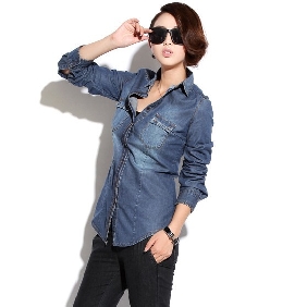 Ladies' Slim Casual Long-sleeved European Blouses Tops Cowboy Shirt
