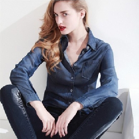 Ladies' Long-sleeved European Blouses Tops Cowboy Shirt for Women