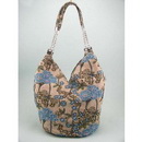 Fashion Linen Beaded Lt Blue Florals Shoulder Bag Hobo