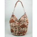 Fashion Linen Beaded Brown Florals Shoulder Bag Hobo