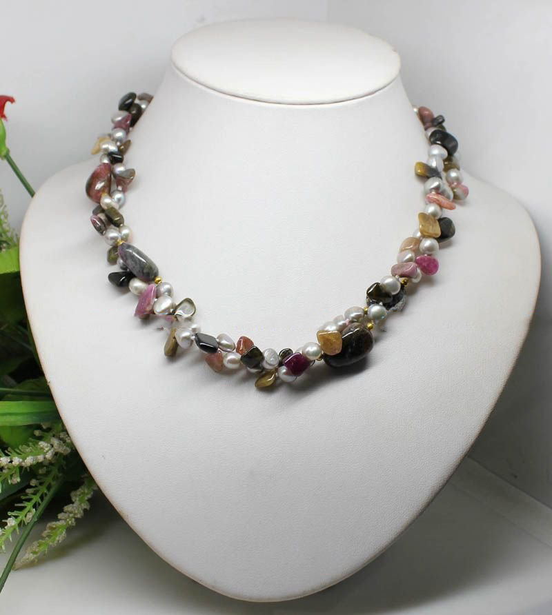Free Ship 35inches Long Gray Pearls Tourmaline Necklace