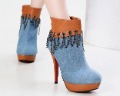 New Arrival Round Toe Platform Chains Inside Zipper Baby Blue Dark Navy Jeans Women's Ankle Boots