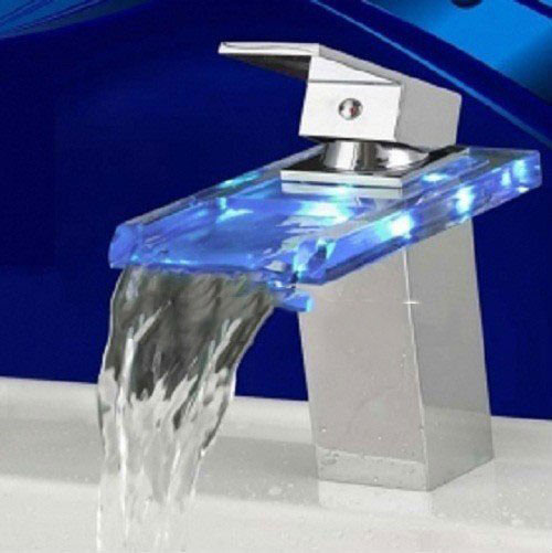 Single Handle Chrome Finishing LED Color Change Glass Waterfall Bathroom Sink Faucet Free Shipping