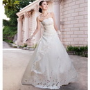 2011 A Line Sreapless Satin Beased Embroidered Floor Length Lace Up Hollow Pattern White Wedding Dress