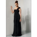 Backless Evening Dresses One Shoulder Black Hand Flower Chiffon Floor Length