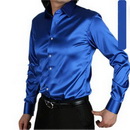Wholesale - and Retail Blue Shiny Silk Satin Long-sleeved Shirt Men's- Shirt