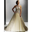 A Line Wedding Dresses Halter Chapel Train Bridal Wedding Ball Gown Prom Dress 271