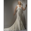 A Line Gown Button Zipper Closure Lace Decorative Beading Chapel Train Keyhole Back Long Wedding Dresses 8007