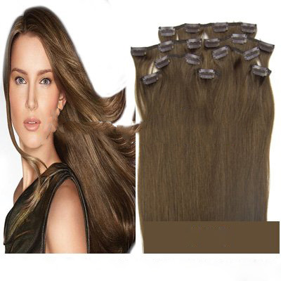 20" Remy Clips On Human Hair Extension #8 Chestnut Brown Color 100gram 8pcs/pack