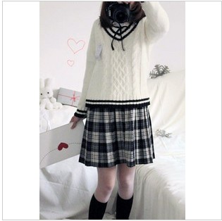 White Long Sweater Lattice Dress Student Winter Uniforms