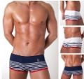 Hot Sell Dark Blue / White Men's Sexy Polyester Swimming Trunks / Waist with Rope Swimwear