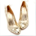 Genuine Leather Satin Upper High Heel Closed Toes Women's Bridal Shoes