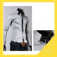 New Casual Slim Fit Stylish Long Sleeve Men's Dress Shirts(Gray & White)