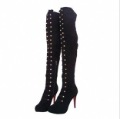Calf Leather Gold Buckle Black High Heeled Suede Over Knee Boots