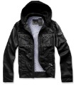 Black Polyester Fabric & Leather With Zipper Men's Jackets & Coats