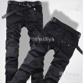 Men's Black Gem Buckle Slim Fit Middle Lumbar Pants