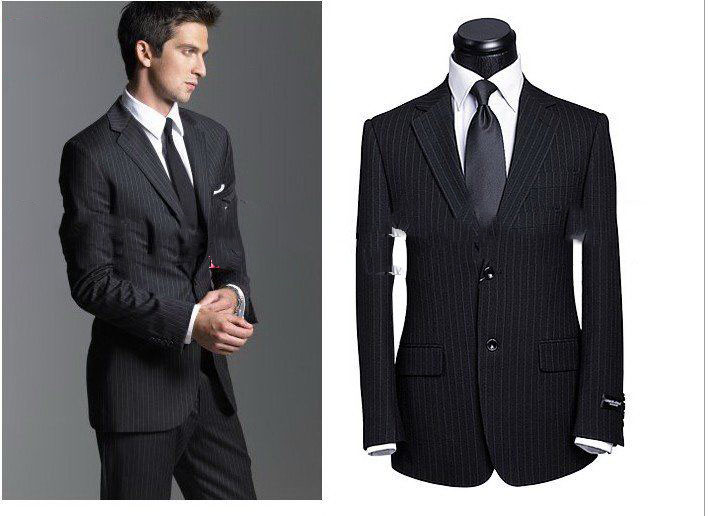 Black With Vertical Stripes Cotton & Polyester Men's Suits