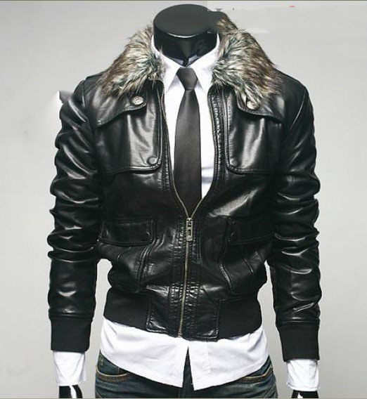 With Zipper Leather & Wool Black Men's Jackets & Coats
