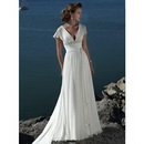 Short Sleeve V-neck With Ribbons Asymmetrical Wedding Dresses